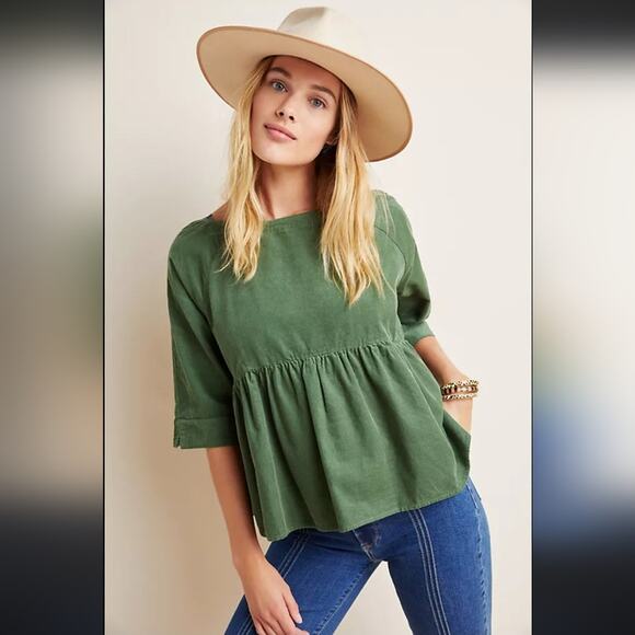 Maeve Maria Babydoll Blouse Green Corduroy Cotton Size Small Cottagecore Indie - Picture 1 of 8